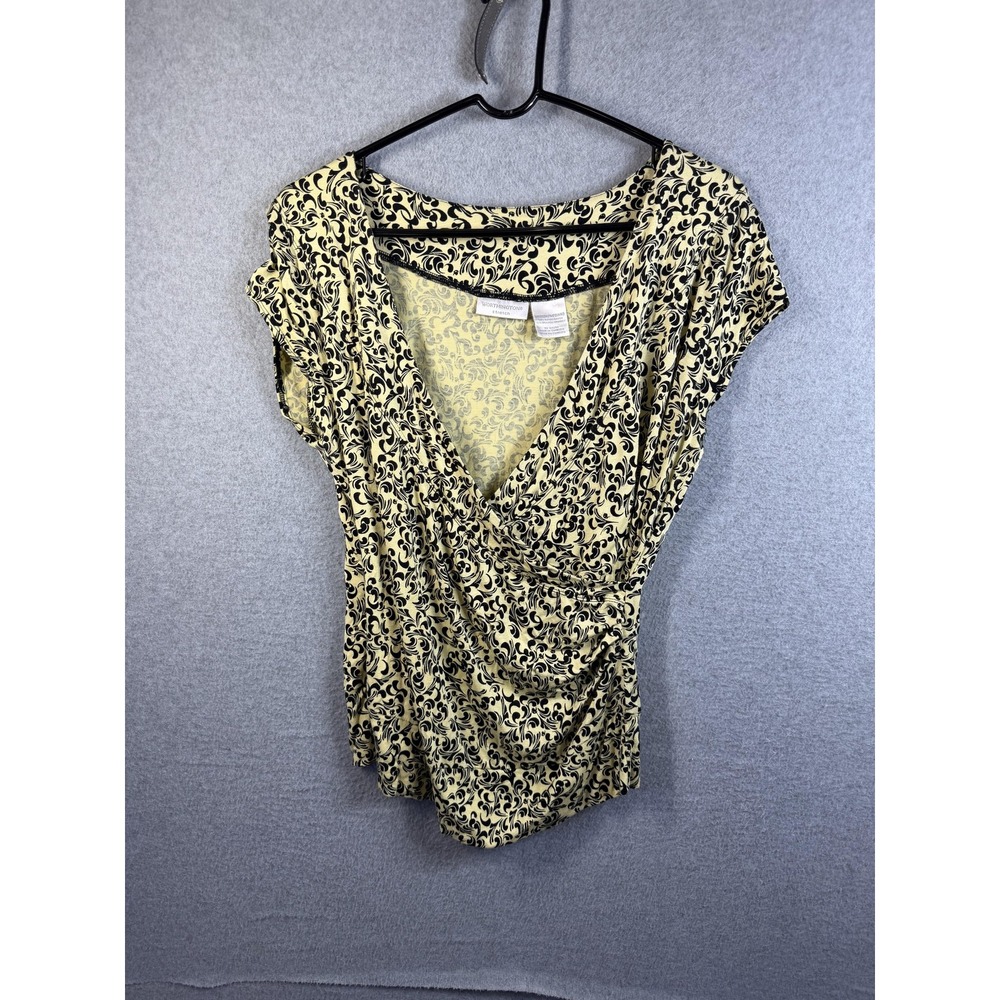 Worthington Blouse Womens Medium Yellow Floral Surplice Ruched Stretch Top